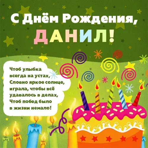 Открытка Открытки с именем Даниил/Данил - Открытка с Днём Рождения: Торт и свечи | Красивая открытка #143