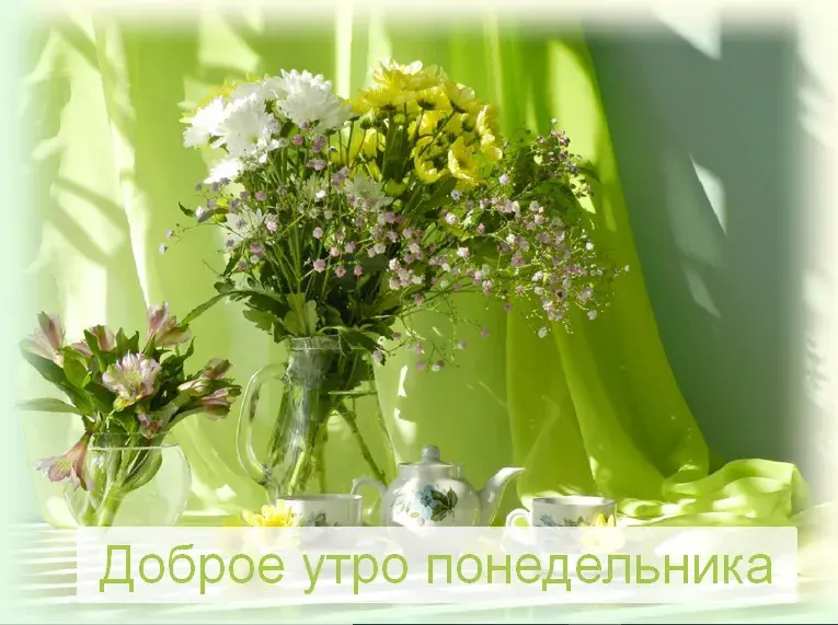 Открытка Доброе утро понедельник - Доброе утро, цветы и чай: нежная открытка | Красивая открытка #16