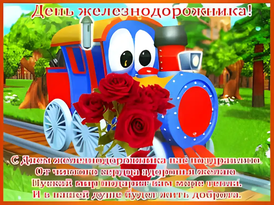 Открытка День железнодорожника - Железная дорога: Открытка с паровозом и розами | Красивая открытка #186