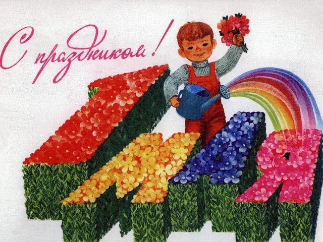 Открытка 1 мая - Открытка с мальчиком и цветами под радугой | Красивая открытка #167
