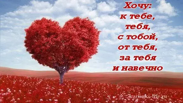 Открытка Хочу к тебе - Дерево в форме сердца на фоне неба и лугов | Красивая открытка #13