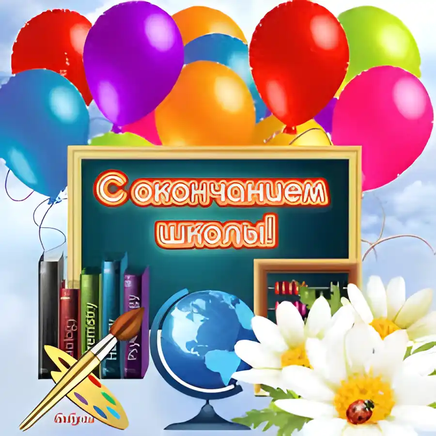 Открытка открытки на последний звонок - Открытка с окончанием школы: воздушные шары, глобус, цветы | Красивая открытка #43