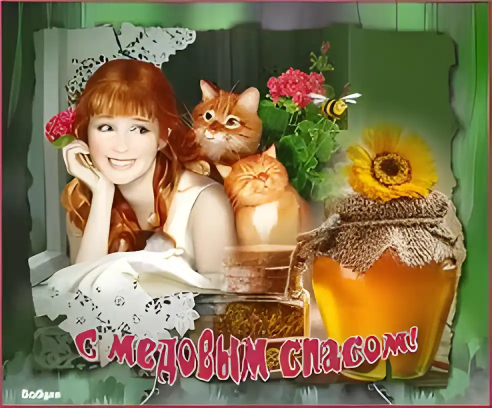 Открытка Открытки с Медовым Спасом - Открытка с девушкой и котами, мёд и цветы | Красивая открытка #56