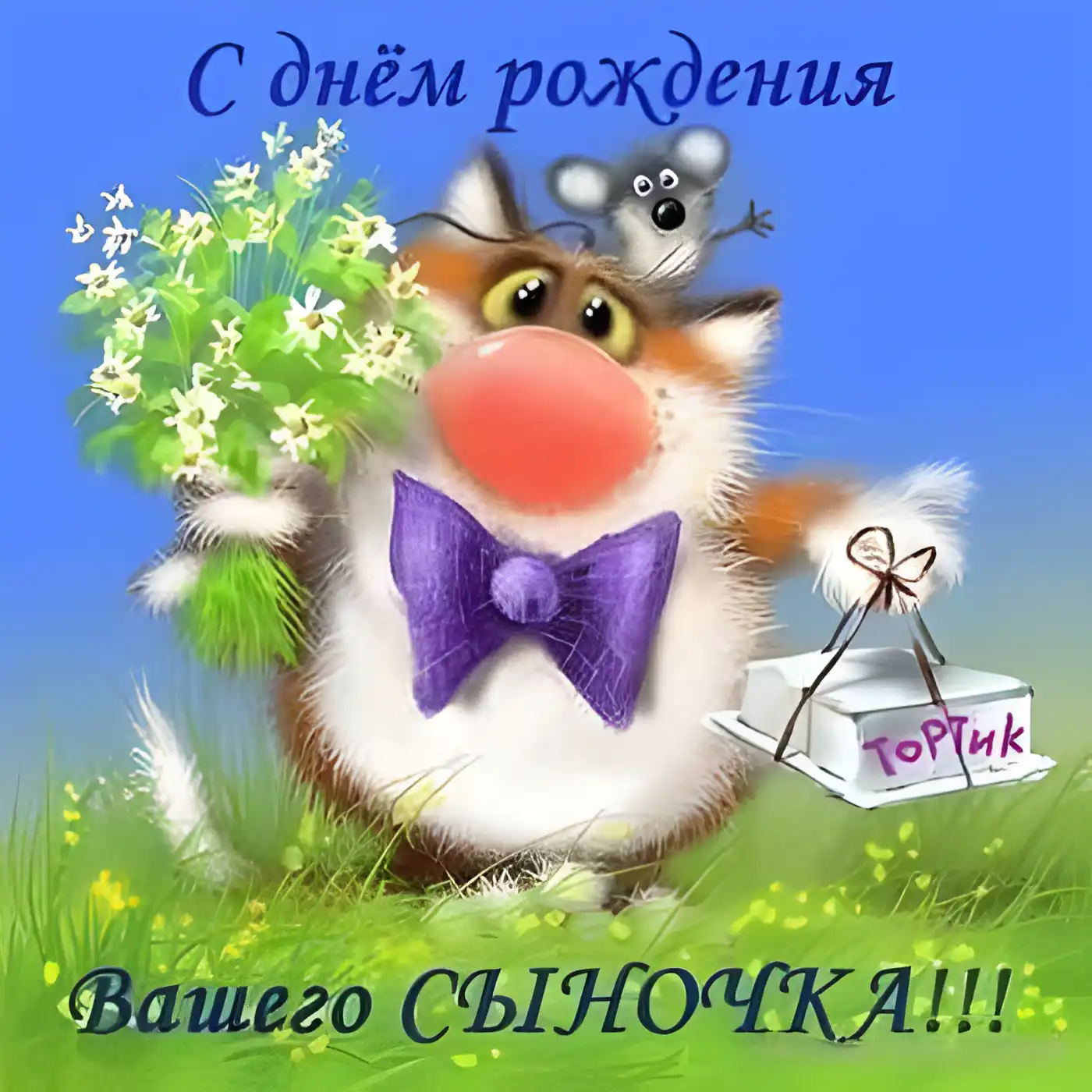 Открытка С рождением сына - Открытка с котенком и цветами  С днем рождения | Красивая открытка #34