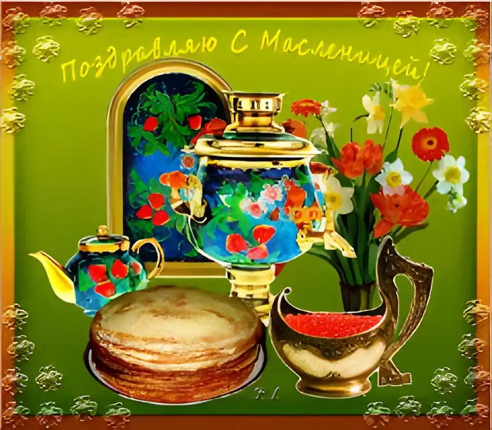 Открытка Масленица - Открытка с самоваром, пирогами и цветами | Красивая открытка #123