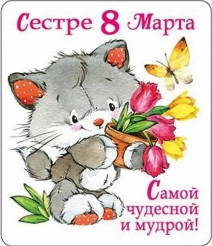 Открытка Открытки с 8 марта сестра - С Днём 8 марта! Милый кот с цветами  Открытка | Красивая открытка #15