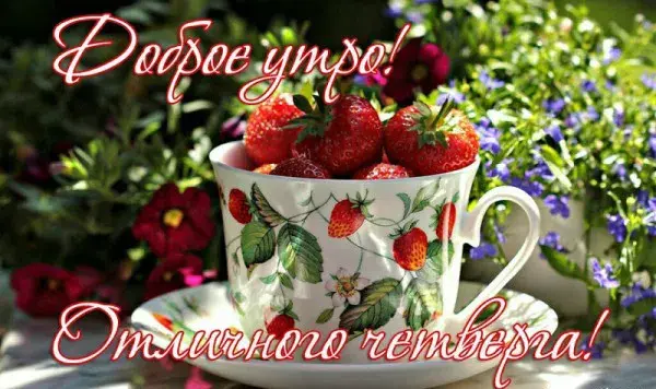 Открытка Удачного четверга - Клубника в чашке: нежная открытка с цветами | Красивая открытка #20