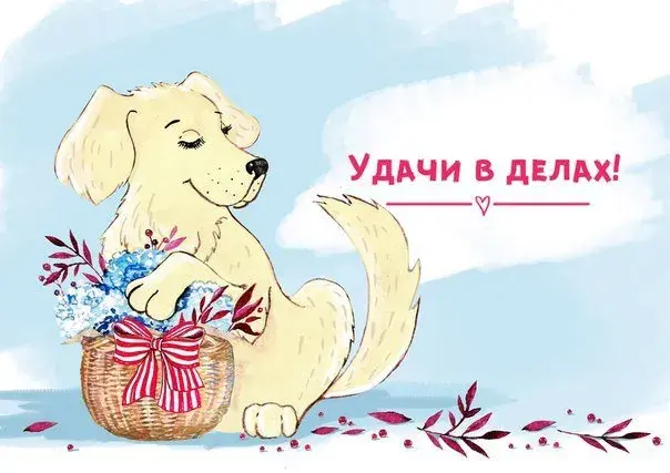 Открытка С пожеланиями удачи - Открытка с щенком и корзинкой цветов | Красивая открытка #23