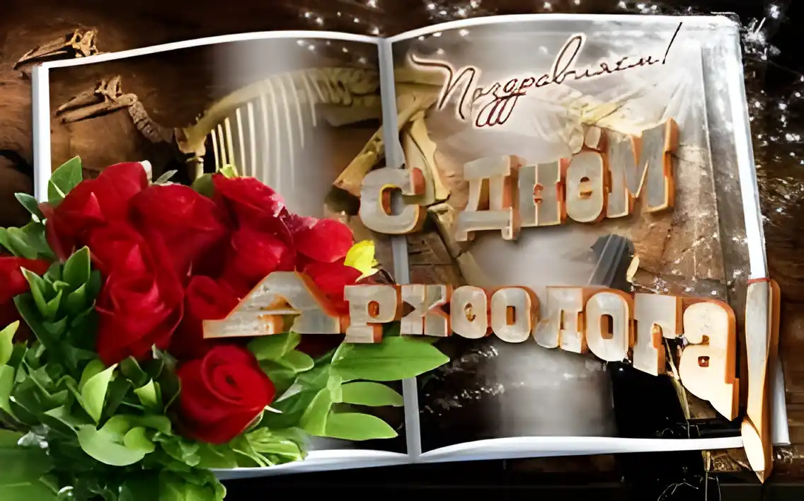 Открытка День археолога - Открытка с динозавром и розами | Красивая открытка #46