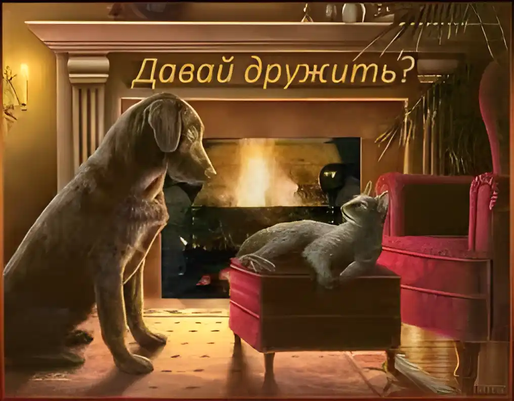 Открытка Открытки давай дружить - Открытка: Собака и кот у камина | Красивая открытка #31