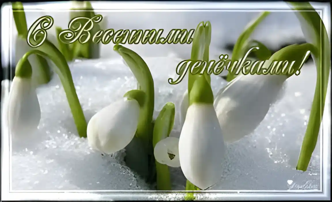 Открытка Первый день весны - Подснежники на снегу: Весенняя открытка | Красивая открытка #68