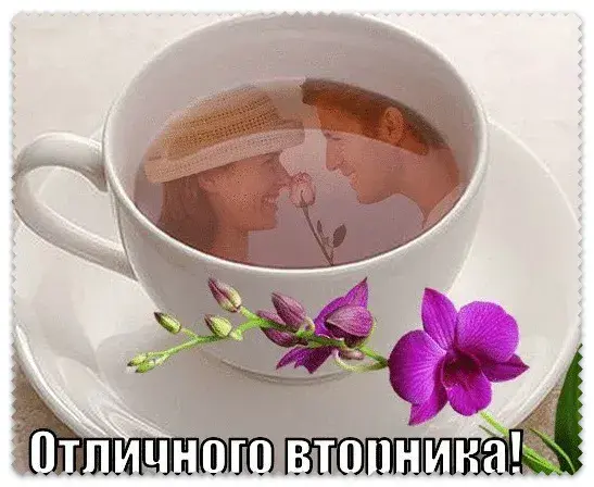 Открытка Удачного вторника - Открытка: пара в чашке с цветами | Красивая открытка #11