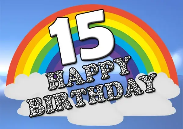Открытка Открытки на 15 лет - Открытка с надписью "Happy Birthday" на фоне радуги и облаков | Красивая открытка #105