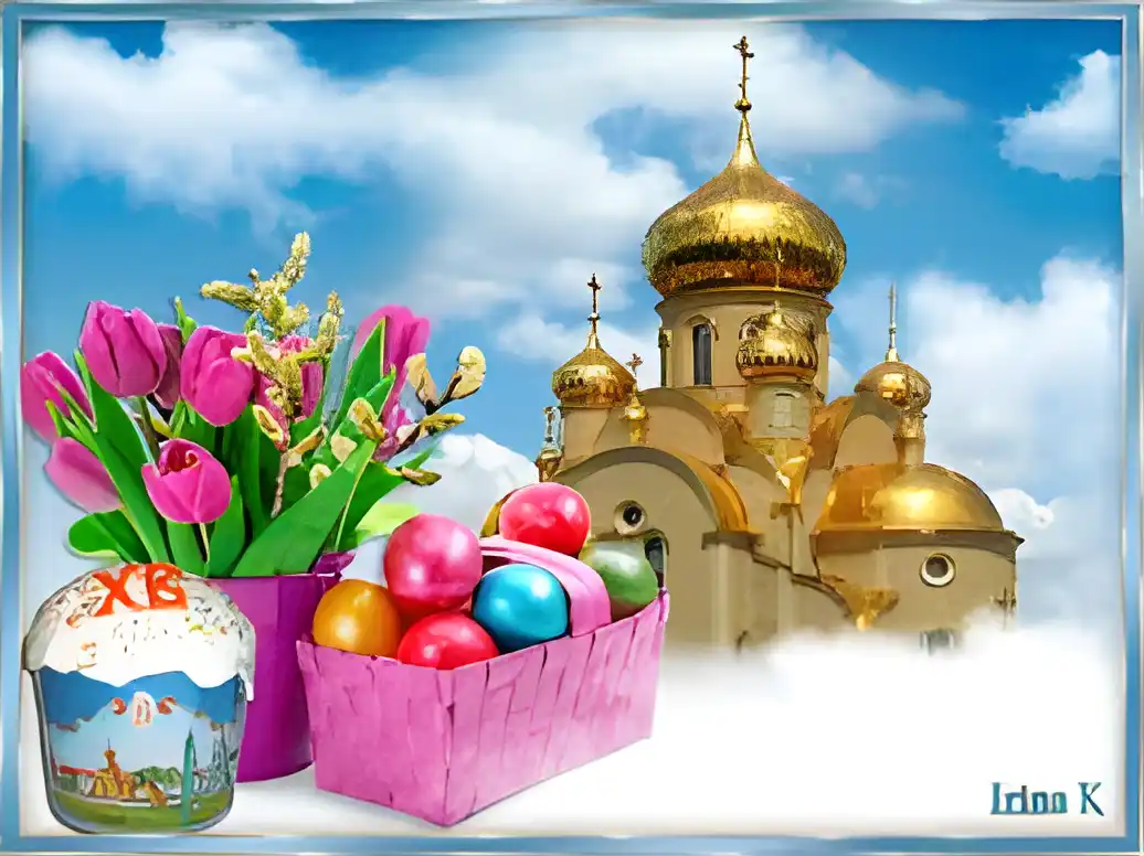 Открытка открытки на пасху  - Открытка с Пасхой: Пасхальный кулич, яйца, тюльпаны и церковь | Красивая открытка #92