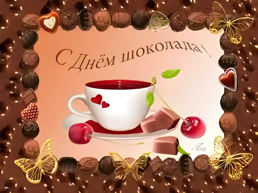Открытка День шоколада - Открытка с чашкой кофе и шоколадом | Красивая открытка #83