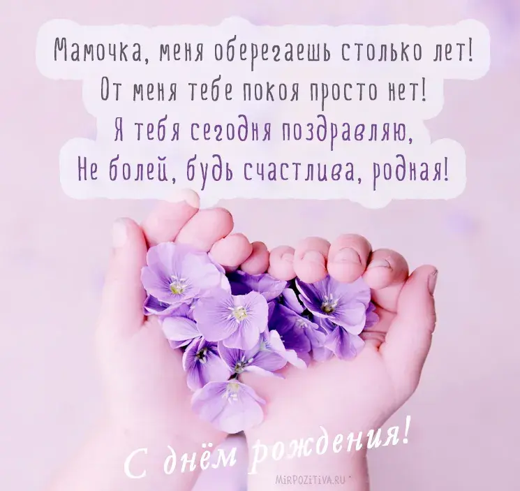 Открытка С днём рождения мама! - Открытка с фиалками: нежные цветы на ладонях | Красивая открытка #75
