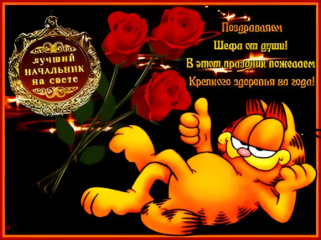 Открытка С днём рождения начальник - Открытка с Гарфилдом и красными розами | Красивая открытка #44