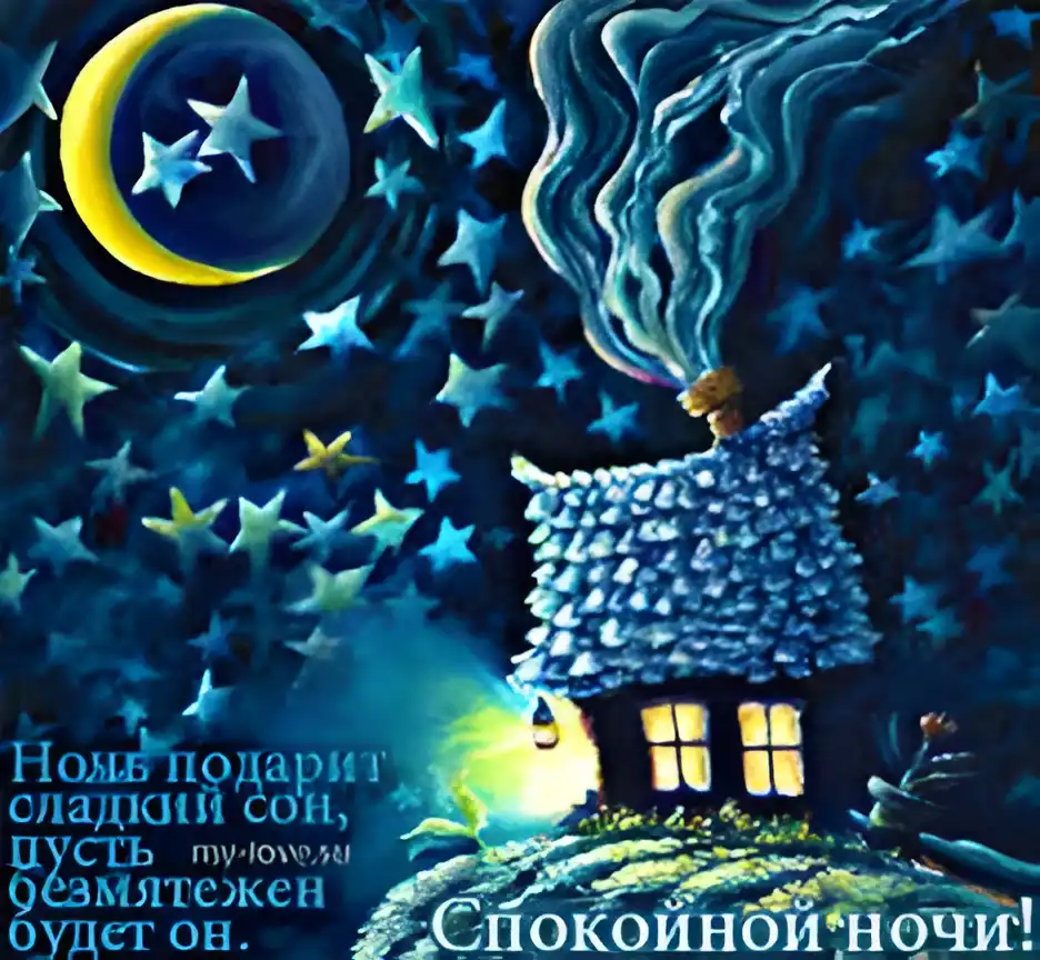 Открытка Открытки с пожеланиями на ночь - Открытка: Ночь, дом, звезды, дым, окно. | Красивая открытка #184