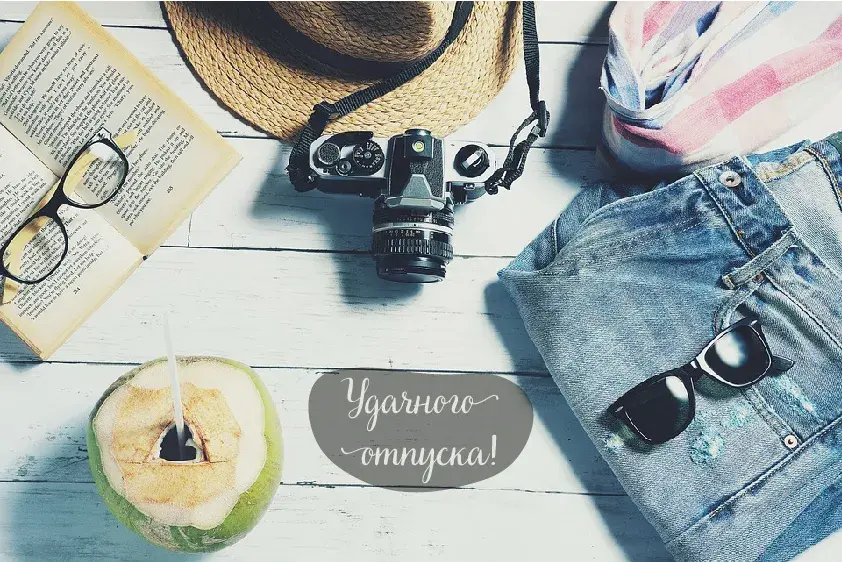 Открытка Отпуск - Открытка: тропики, кокос, шляпа и фотоаппарат | Красивая открытка #18